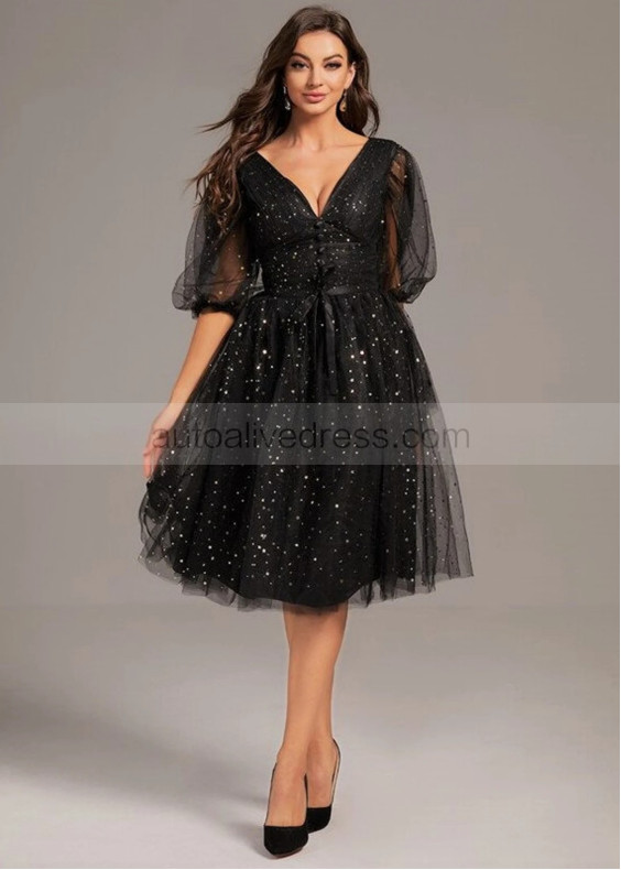 Elbow Sleeves Black Starry Tulle Cinched Waist Party Dress